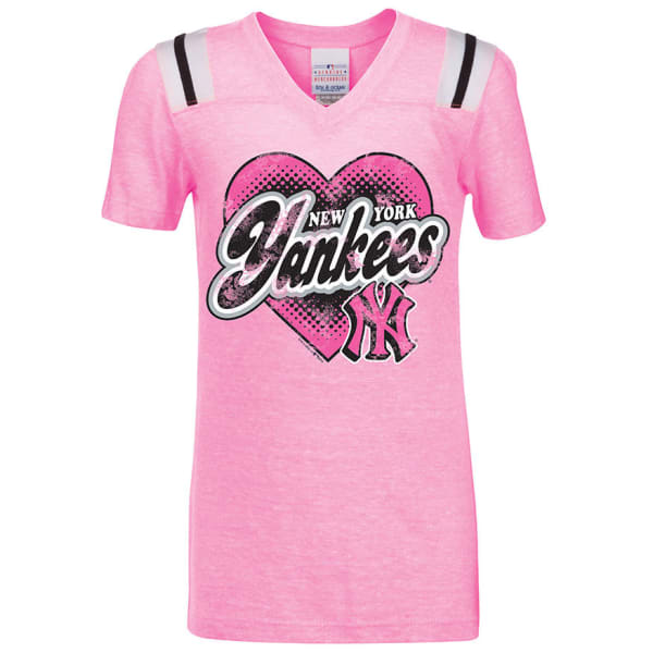 NEW YORK YANKEES Girls' V-Neck Tee, Neon Pink