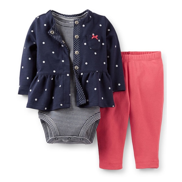 CARTER'S Infant Girls' 3-Piece Cardigan Set, Navy/White Dot