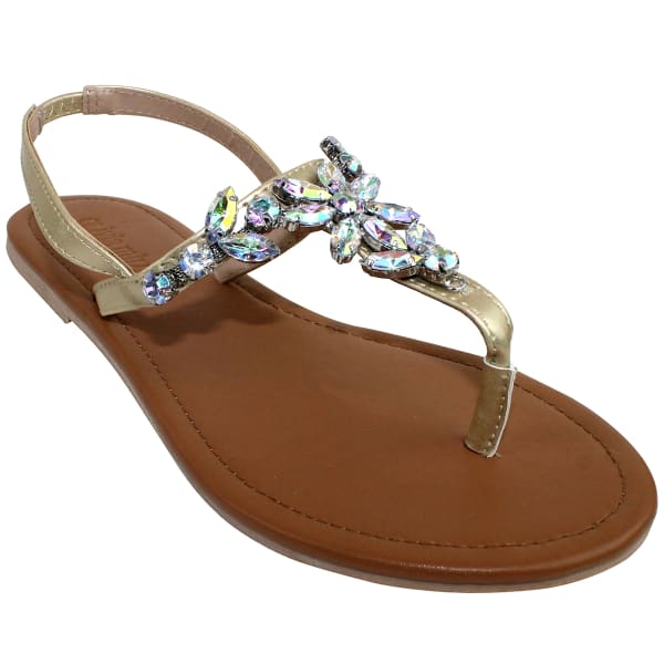 OLIVIA MILLER Women's Gold Flower Gem T-Strap Sandal