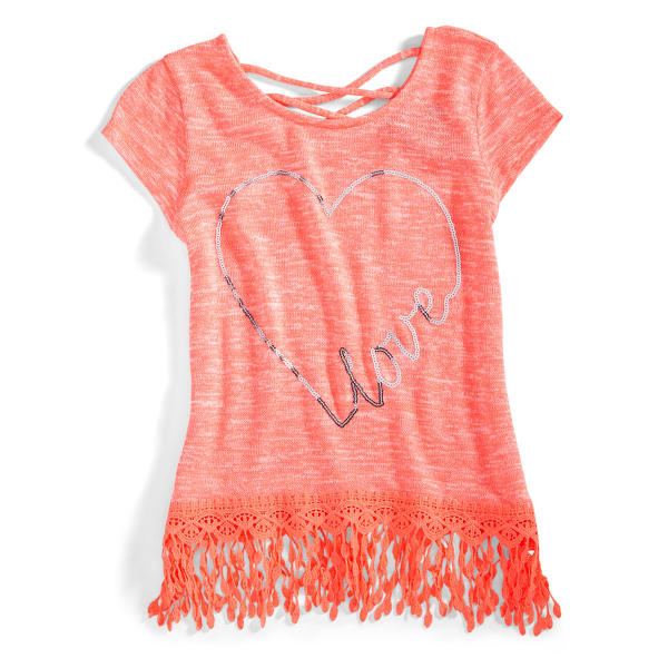 MISS CHIEVOUS Girls' Short Sleeve Sharkbite Fringe Hem Sequin Tee