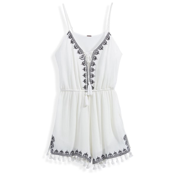 POOF Juniors' Embroidered Lace-Up Romper with Fringe Hem