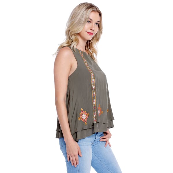 TAYLOR & SAGE Juniors' High-Neck Embroidered Double Layer Sleeveless Top