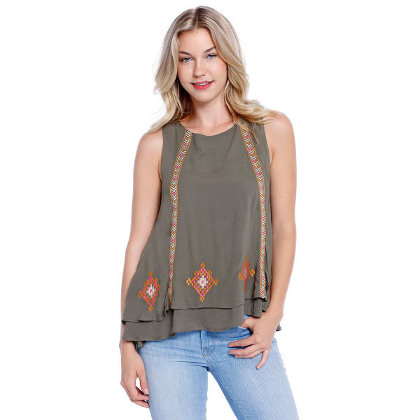 TAYLOR & SAGE Juniors' High-Neck Embroidered Double Layer Sleeveless Top