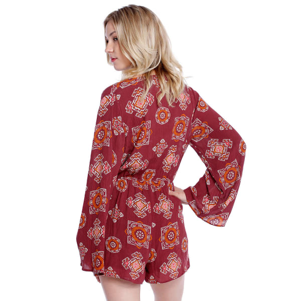 TAYLOR & SAGE Juniors' Tie-Front Printed Long-Sleeve Romper