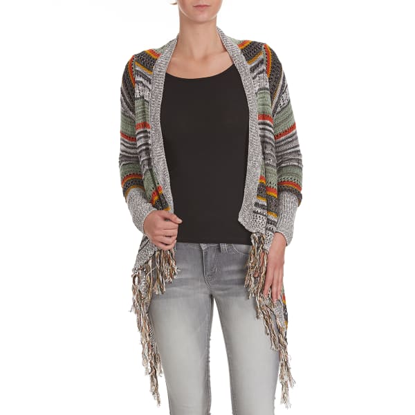 POOF Juniors' Striped Pointelle Cardigan with Fringed Hem