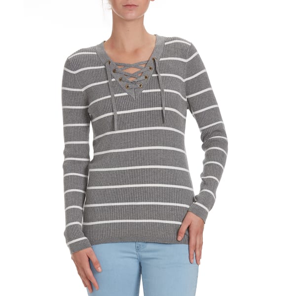 POOF Juniors' Striped V-Neck Lace-Up Rib Sweater