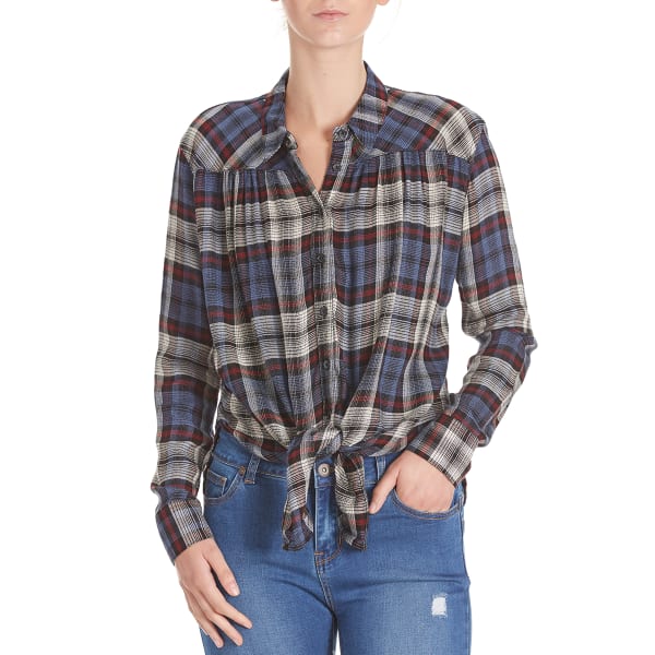 PINK ROSE Juniors' Herringbone Plaid Tie-Front Shirt