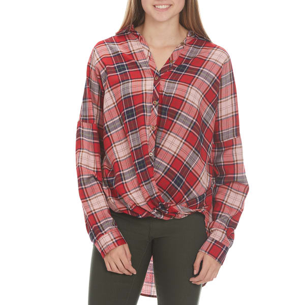 ANGIE Juniors' Flannel Front Wrap Button Up Shirt