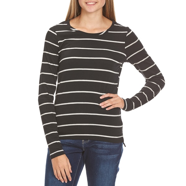 POOF Juniors' Striped Crewneck Tee with High-Low Step Hem