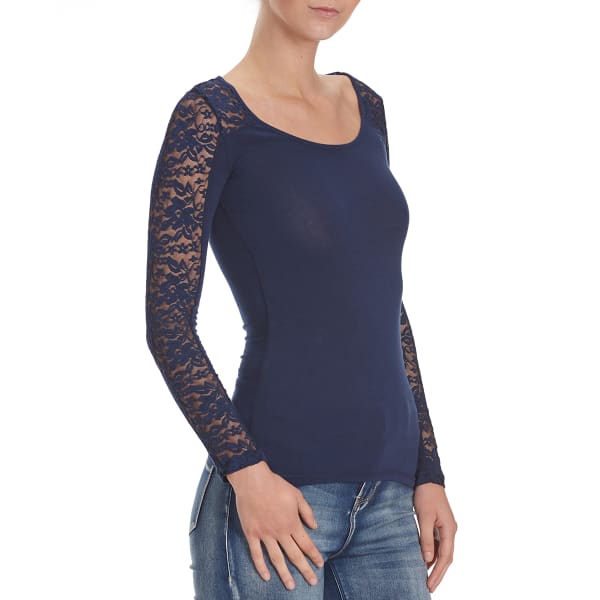 AMBIANCE Juniors' Lace Inset Yoke Long-Sleeve Tee