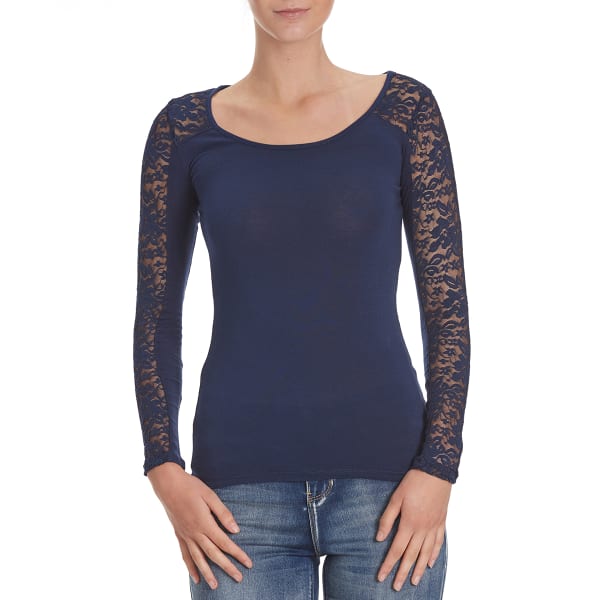 AMBIANCE Juniors' Lace Inset Yoke Long-Sleeve Tee