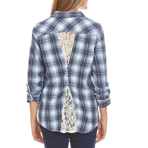 TAYLOR & SAGE Juniors' Plaid Button Back With Lace Inset Shirt