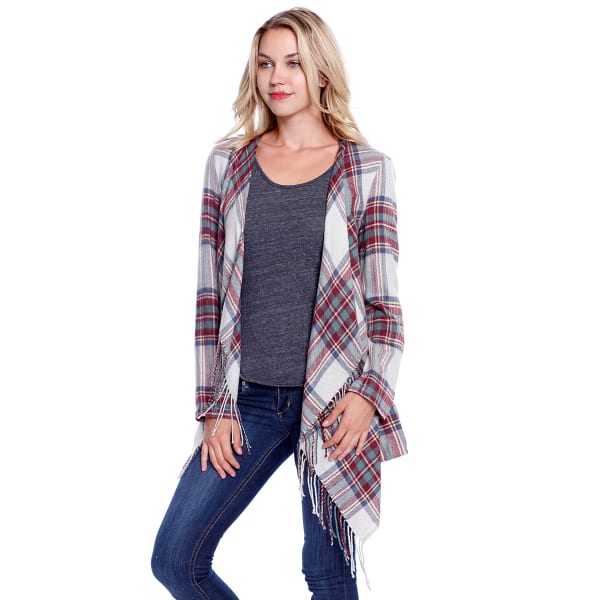 TAYLOR & SAGE Juniors' Plaid Fringe Blanket Cardigan