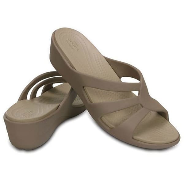 CROCS Women's Sanrah Strappy Wedge Sandals, Mushroom