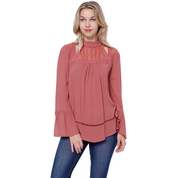 TAYLOR & SAGE Juniors' Hi Neck Cutout Detail Blouse