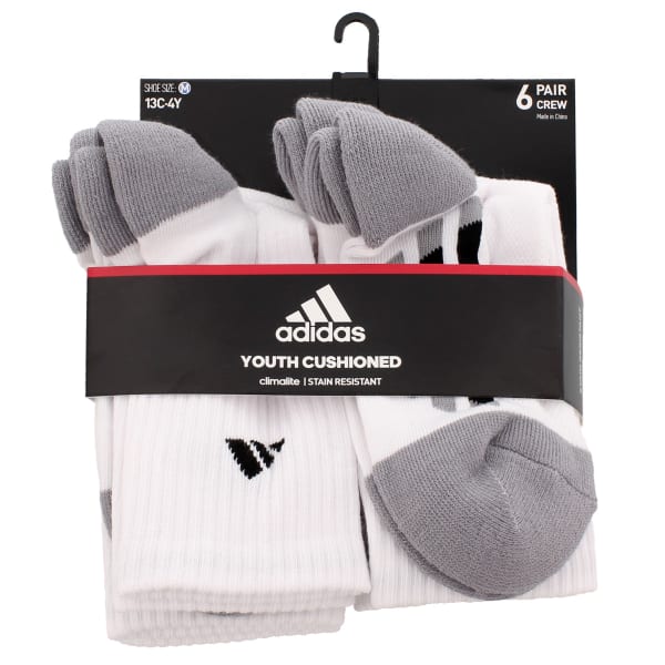 ADIDAS Boys' Grade School Vertical Stripe Crew Socks, White, 6 Pack