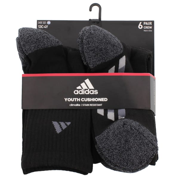 ADIDAS Boys' Grade School Vertical Stripe Crew Socks, Black, 6 Pack