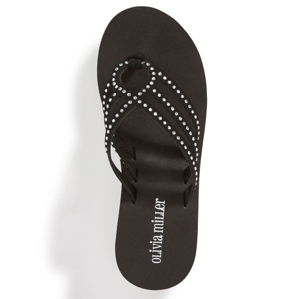 OLIVIA MILLER Women's Rhinestone Strappy Wedge Flip Flops, Black