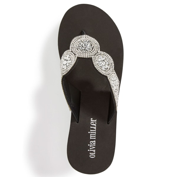 OLIVIA MILLER Women's Embellished Strap Wedge Flip Flops, Black