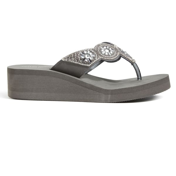 OLIVIA MILLER Women's Embellished Strap Wedge Flip Flops, Grey - Bob’s ...