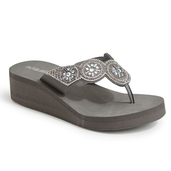 OLIVIA MILLER Women's Embellished Strap Wedge Flip Flops, Grey