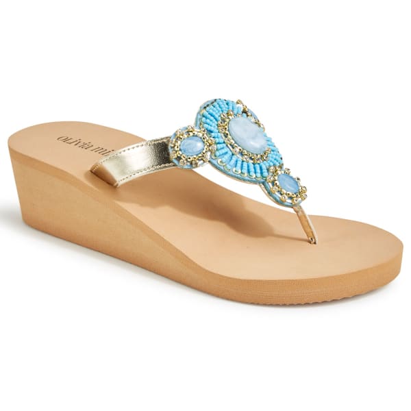 OLIVIA MILLER Women's Beaded EMB Wedge Flip Flops, Tan