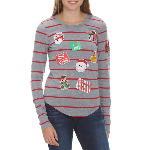 POOF Juniors' Christmas Patches Striped Crew Tee