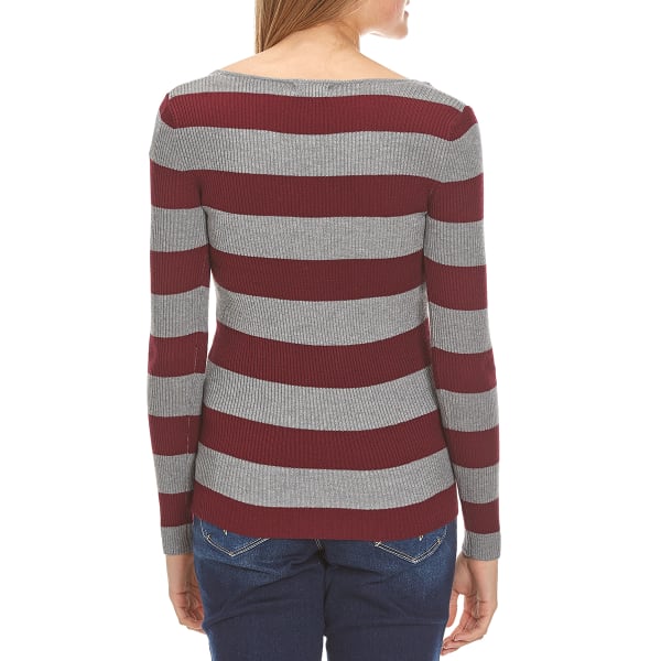 AMBIANCE Juniors' Striped Rib Knit V-Neck Long-Sleeve Sweater