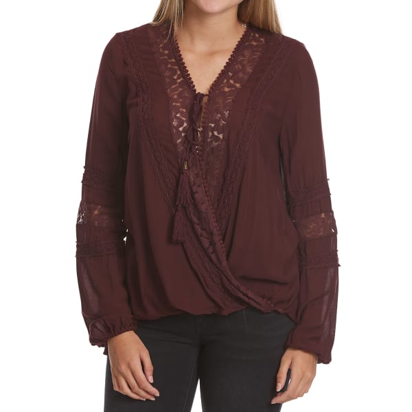 TAYLOR & SAGE Juniors' Lace Inset Balloon Waist Woven Long-Sleeve Top