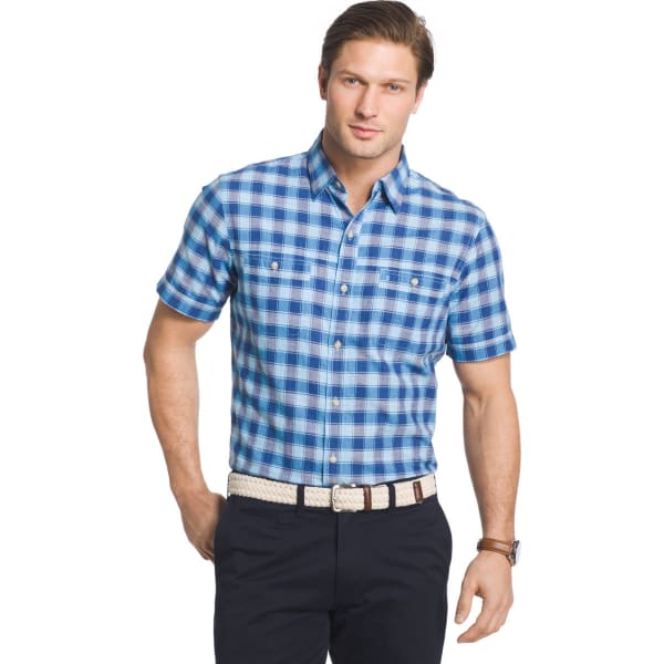 IZOD Men's Saltwater Dockside Chambray Color Grid Short-Sleeve Shirt