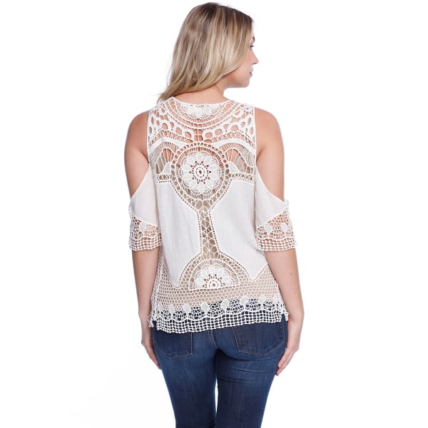 TAYLOR & SAGE Juniors' Short Sleeve Crochet Cold Shoulder Top