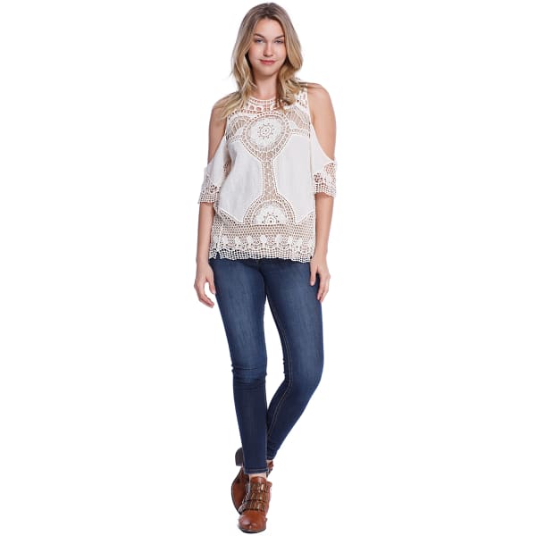 TAYLOR & SAGE Juniors' Short Sleeve Crochet Cold Shoulder Top