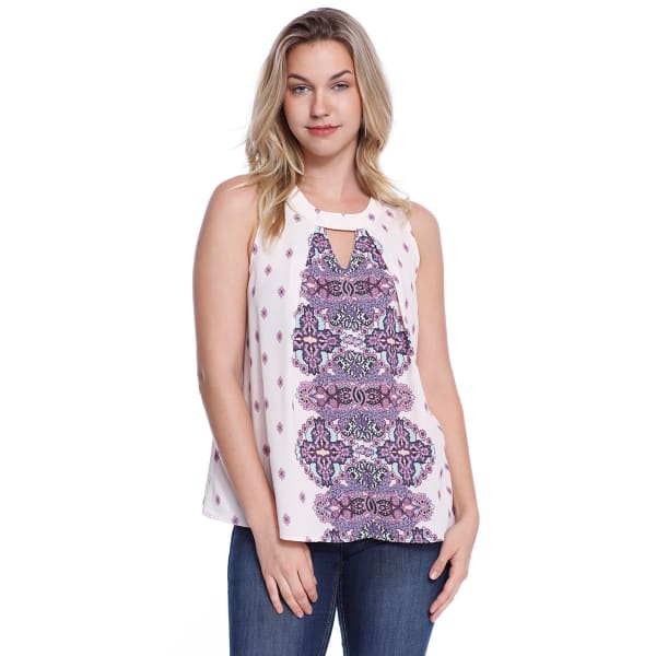 TAYLOR & SAGE Juniors' High-Neck Keyhole Woven Tank