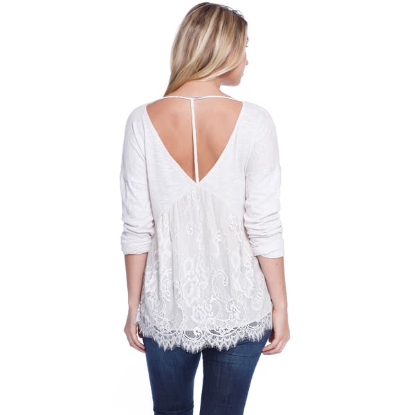 TAYLOR & SAGE Juniors' Lace Peplum Strap Back Long-Sleeve Top