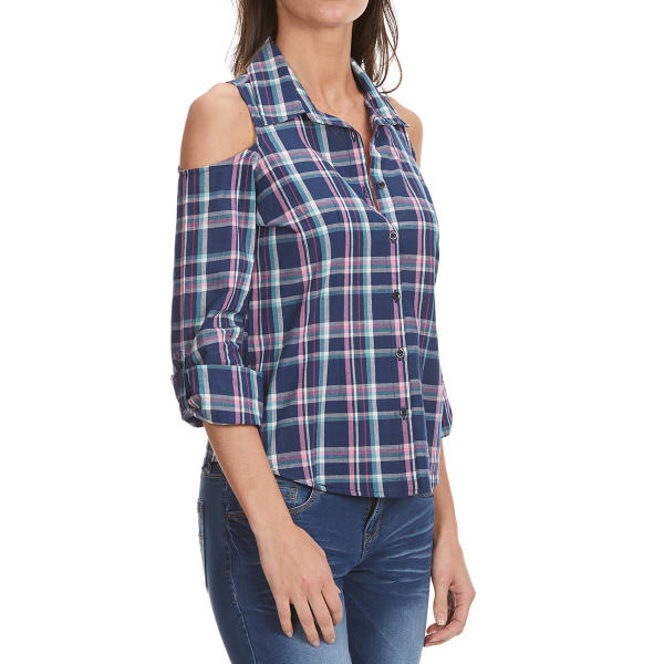 OVERDRIVE Women's Plaid Cold-Shoulder Long-Sleeve Shirt