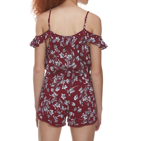 AMBIANCE APPAREL Juniors' Floral Ruffled Cold-Shoulder Romper