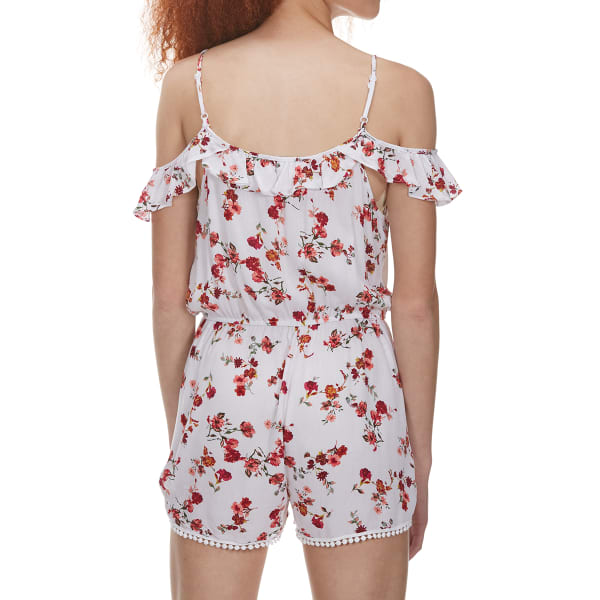 AMBIANCE APPAREL Juniors' Ditsy Floral Ruffled Cold-Shoulder Romper