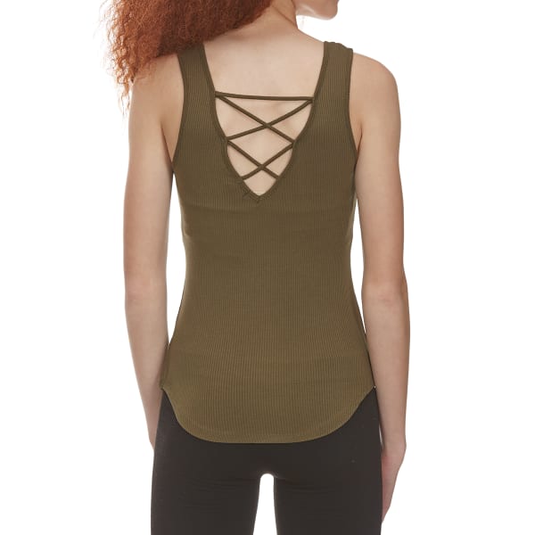 AMBIANCE APPAREL Juniors' Sleeveless Shirttail Top with Lace-Up Back