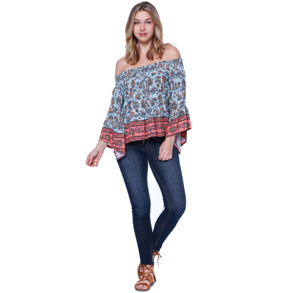 TAYLOR & SAGE Juniors' Off-Shoulder Border Print Long-Sleeve Top