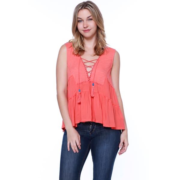 TAYLOR & SAGE Juniors' Lace-Up Front Crochet Back Tank Top