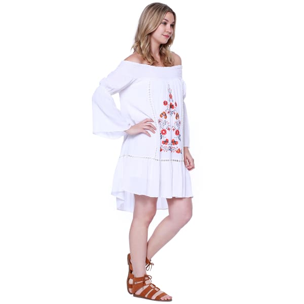 TAYLOR & SAGE Juniors' Off-The-Shoulder Embroidered Bell Sleeve Dress