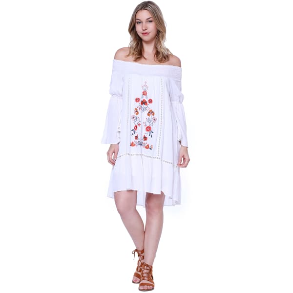 TAYLOR & SAGE Juniors' Off-The-Shoulder Embroidered Bell Sleeve Dress