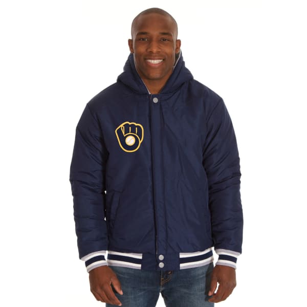 JH DESIGN Men's MLB Milwaukee Brewers Reversible Fleece Hooded Jacket