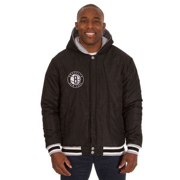 JH DESIGN Men's NBA Brooklyn Nets Reversible Fleece Hooded Jacket