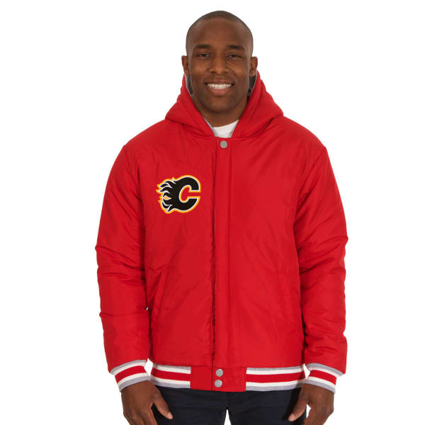 JH DESIGN Men's NHL Calgary Flames Reversible Fleece Hooded Jacket