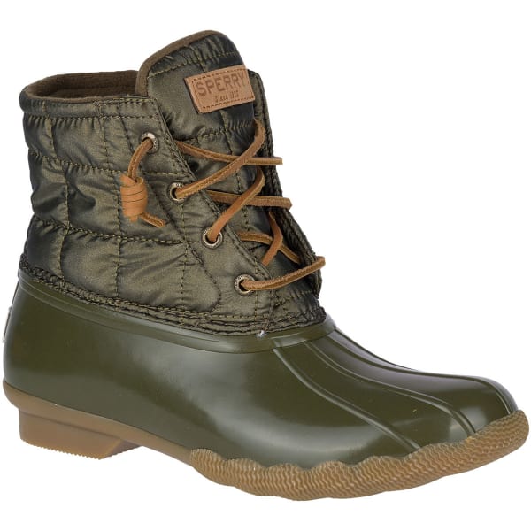 SPERRY Women's Saltwater Shiny Quilted Waterproof Mid Duck Boots, Dark Olive