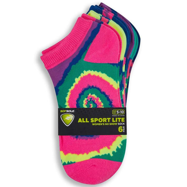 SOF SOLE Women's All Sport Lite Spiral Tie-Dye No-Show Socks, 6-Pack