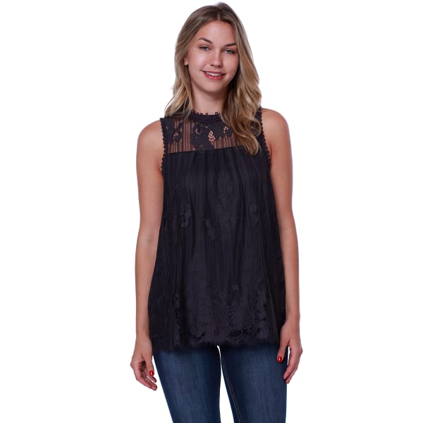 TAYLOR & SAGE Juniors' Sleeveless Hi-Neck Lace Overlay Top