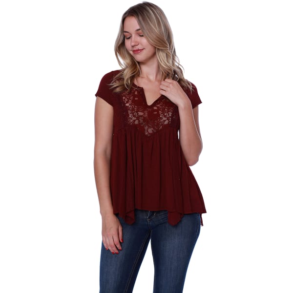 TAYLOR & SAGE Juniors' Short Sleeve V-Neck Lace Front Knit Top