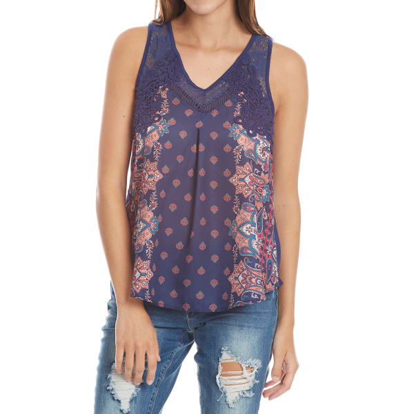 TAYLOR & SAGE Juniors' V-Neck Paisley Print Crochet Shoulder Tank